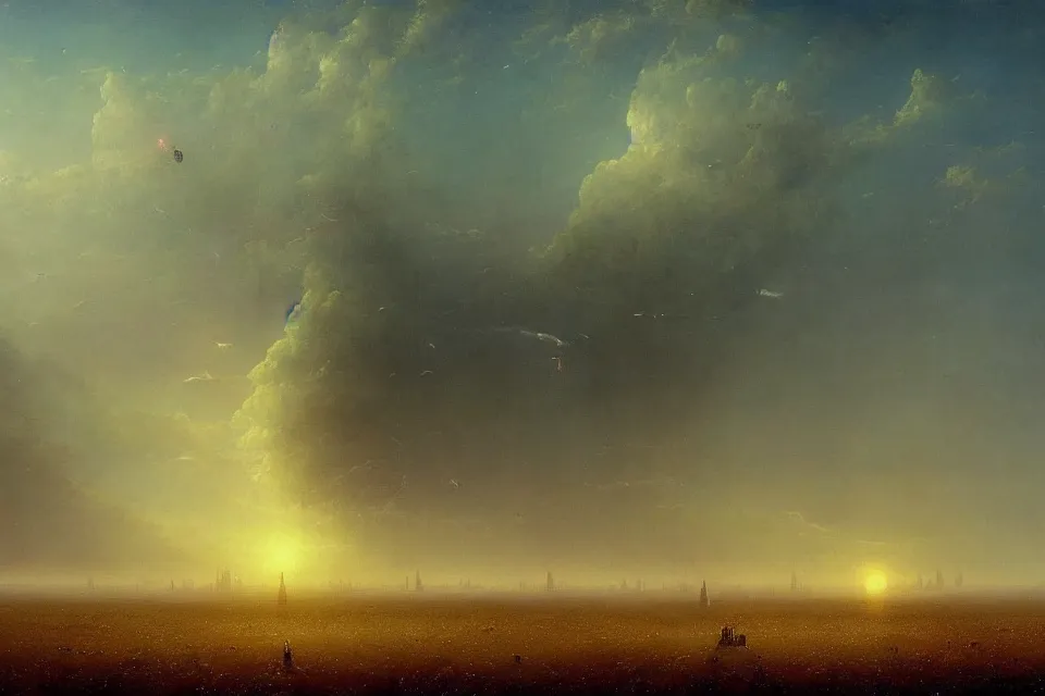 Prompt: sci-fi painting of a very large alien city, many skyscraper, on the vast wheat fields, only one humanoid robot on the ground, by Ivan Aivazovsky, godrays, detailed