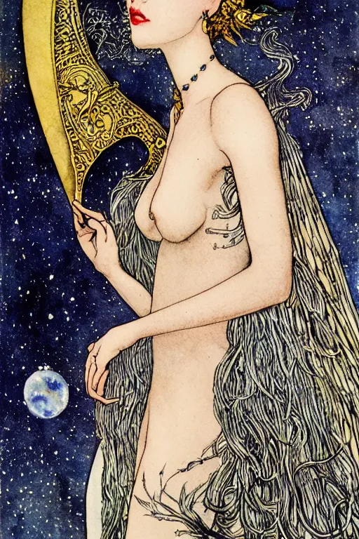 Image similar to detailed portrait of a woman with a bat wing crown, night sky moon background, art by luis royo and walter crane and kay nielsen, watercolor illustration,