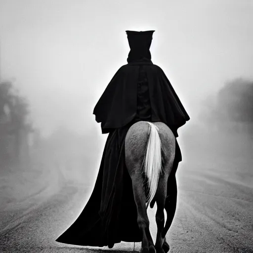 Image similar to An aristocrat young lady with a black cloak is riding a dark horse from distance, Kodak TRI-X 400, dark mood, melancholic,