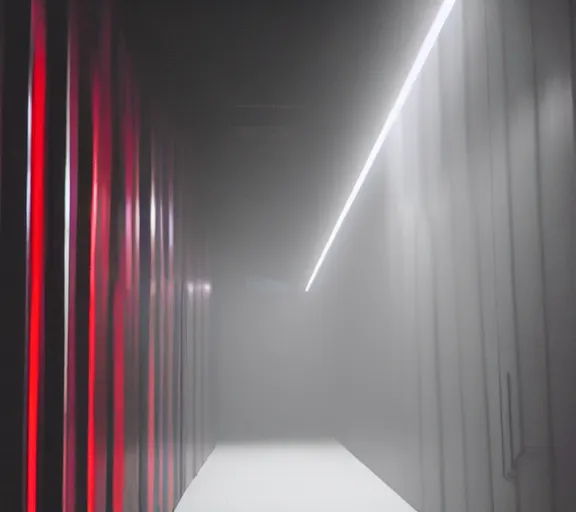 Prompt: spooky photo of a dark infinite hallway with open lit doorways all the way down, dramatic lighting, smoke, ceiling fluorescent lighting, black and red colour palette