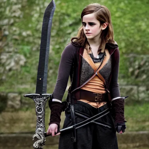 Prompt: emma watson with a sword fighting skinny nerds. photograph.