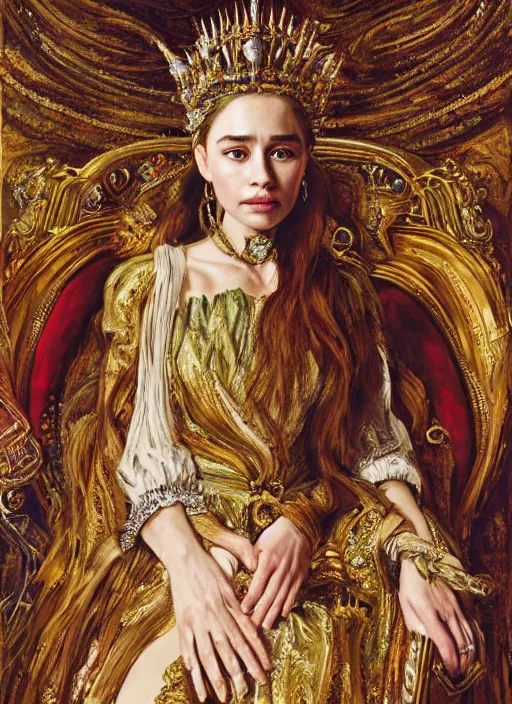 Image similar to oil painting of portait Queen of Ecstasy in a large throne room, Hungarian, Emilia Clarke by Yoshitaka Amano, by Georgia o Keeffe, by Gustave Moreau