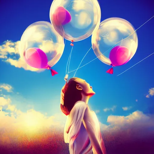 Prompt: a woman [ has a balloon head ]!!, floating into the sky, [ 4 k digital art ]!!, [ trending on cgsociety ]!!, cgsociety contest winner, 4 k quality