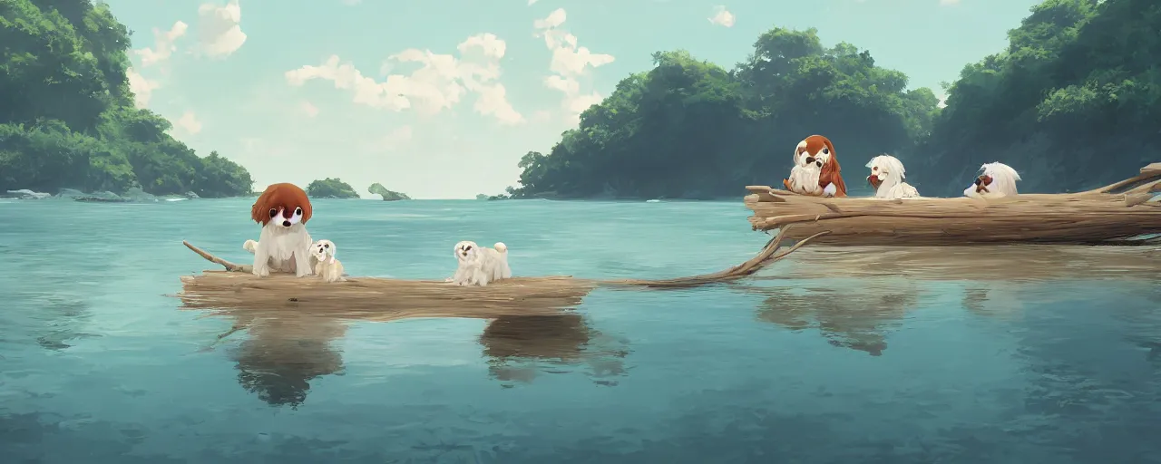 Image similar to a cream - colored havanese dog and shih tzu, sailing a log raft onto the shore of a beautiful tropical beach, detailed, atey ghailan, goro fujita, studio ghibli, rim light, exquisite lighting, clear focus, very coherent,