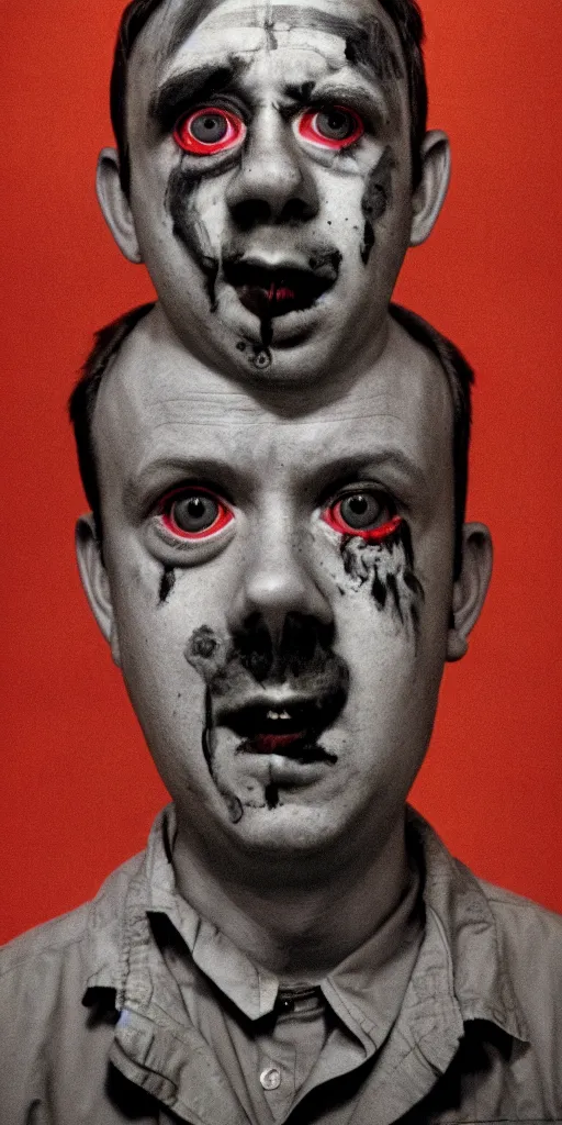 Image similar to award winning photo of todd solondz mixed with hitler, vivid colors, happy, symmetrical face, beautiful eyes, studio lighting, wide shot art by roger ballen & francis bacon