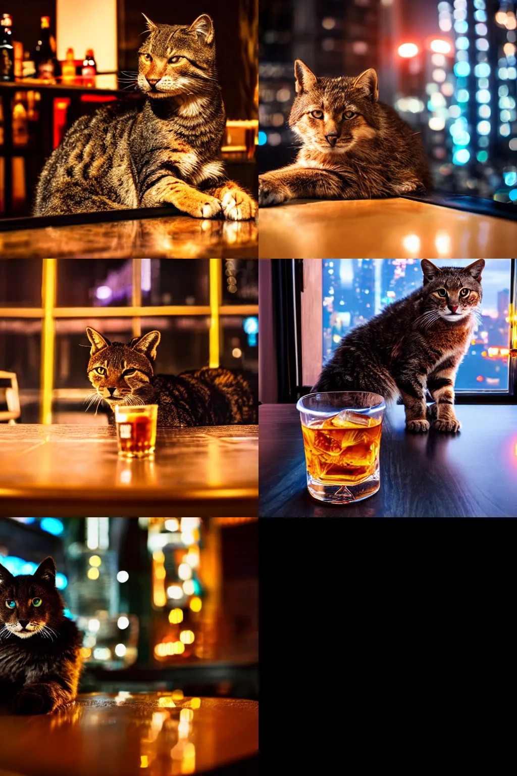 Prompt: cola with whisky in glass on a table and wild cat sits near, cyberpunk lights, photo