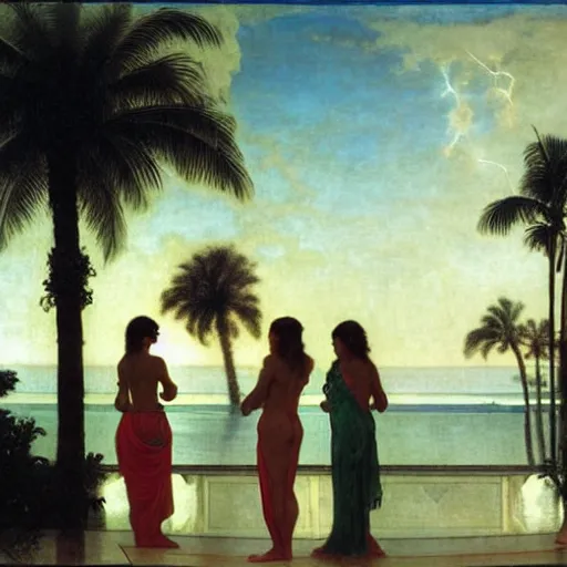 Image similar to Silhouette of four girl at the palace, thunderstorm, greek pool, beach and palm trees on the background major arcana sky, by paul delaroche, alphonse mucha and arnold böcklin arnold böcklin hyperrealistic 8k, very detailed