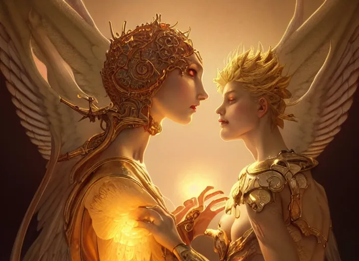 Prompt: portrait of demonic woman and angelic woman in armour, passionate pose, pixie, genshin impact, intricate, elegant, golden glow, sharp focus, soft bokeh, illustration, highly detailed, concept art, matte, trending on artstation, bright colors, art by wlop and artgerm and greg rutkowski, mucha, giger, marvel comics, beksinski