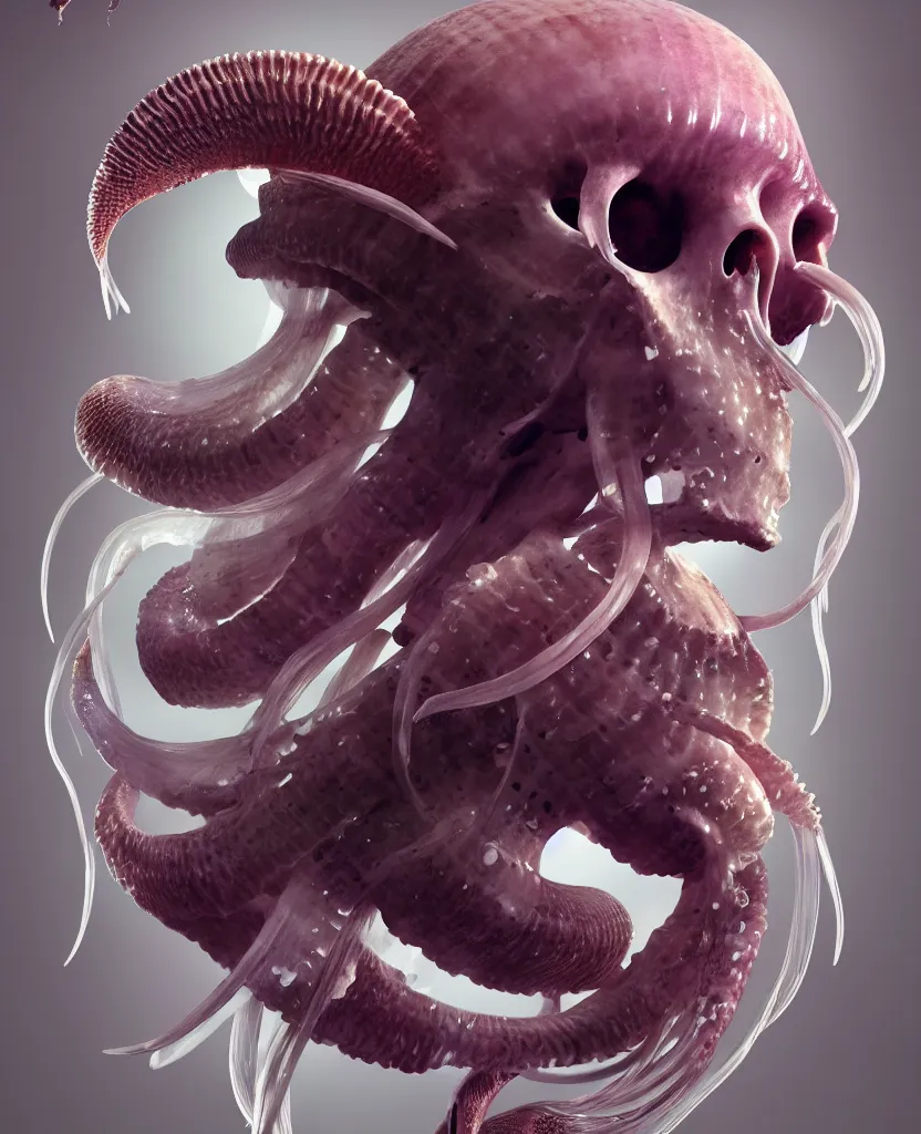 Image similar to goddess close-up portrait ram skull. jellyfish phoenix head, nautilus, orchid, ram skull, betta fish, bioluminiscent creatures, intricate artwork by Tooth Wu and wlop and beeple. octane render, trending on artstation, greg rutkowski very coherent symmetrical artwork. cinematic, hyper realism, high detail, octane render, 8k