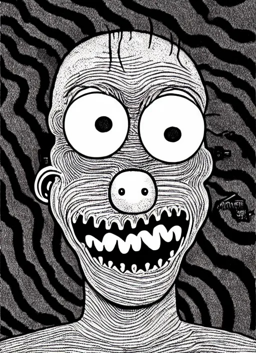 Image similar to junji ito style portrait of homer simpson, intricate, highly detailed, illustration, art by junji ito, junji ito