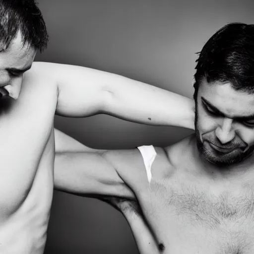 Image similar to man getting his armpits tickled by another man