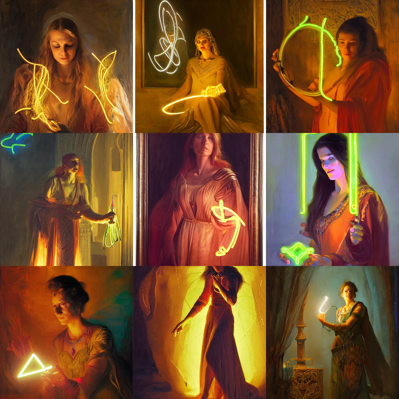 Prompt: portrait of a sorceress casting a glowing neon glyph by Nasreddine Dinet and Theodore Ralli and Jean Discart and Anders Zorn, masterful intricate artwork. Oil on canvas, excellent lighting, high detail 8k