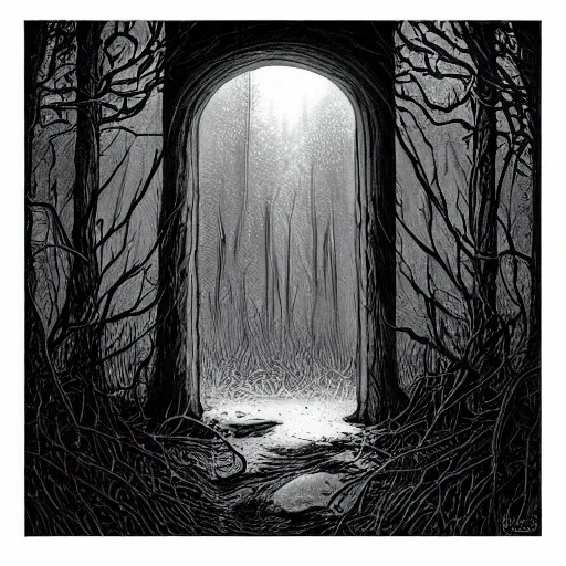 Image similar to door to another world in a forest, Michael Whelan, artstation, Martin McKenna, pen and ink, black and white