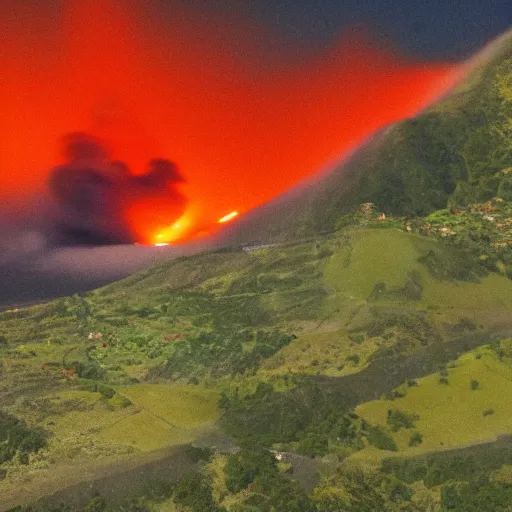 Image similar to vulcano erupts next to the village, tilt-shift photograph