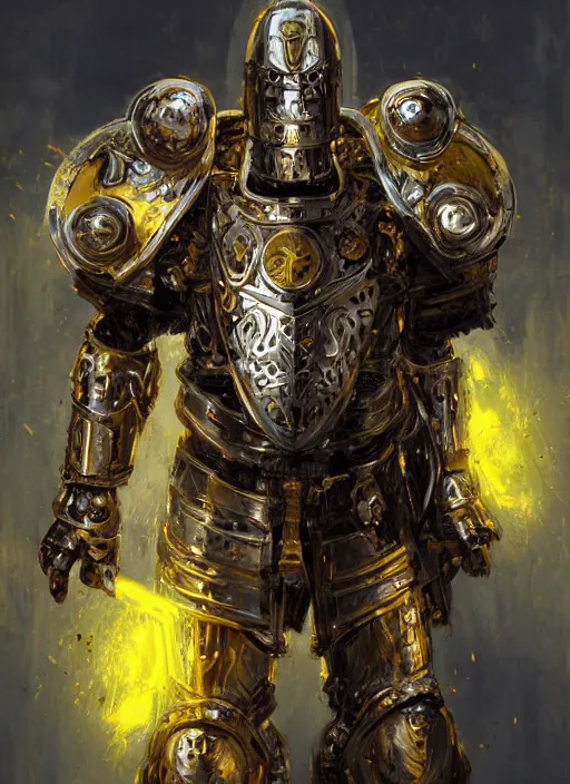 Image similar to dynamic portrait of a intricate glorious holy mechanical warforged character in yellow armor holding a paladin engraved great longsword and carrying a big paladin shield, spotlight from face , epic , trending on ArtStation, masterpiece, cinematic lighting, by John Salminen and by Jackson Pollock and by Marc Simonetti