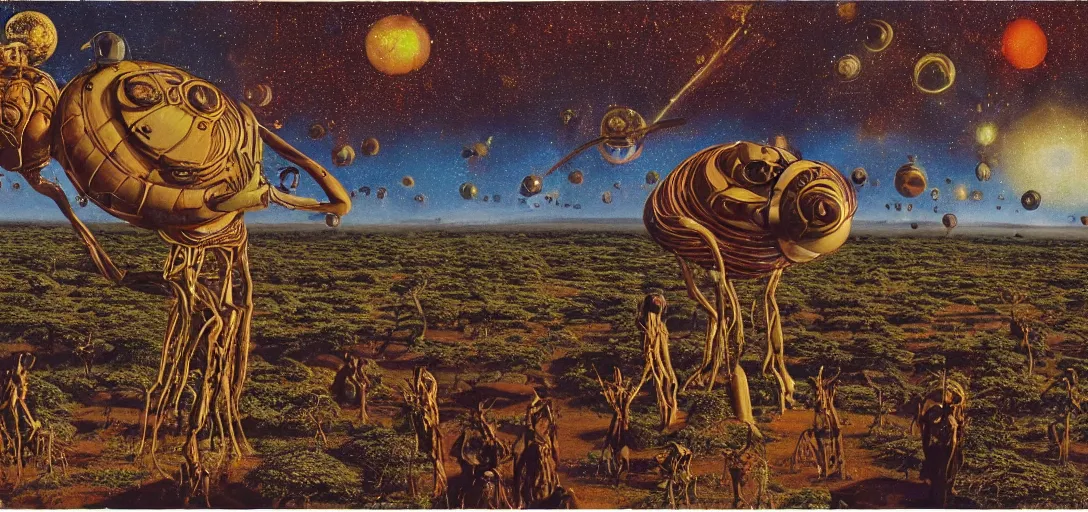 Prompt: very high resolution image from a new movie. a beautiful african landscape, alien invasion. 2 4 mm, photorealistic, photography, directed by mati klarwein