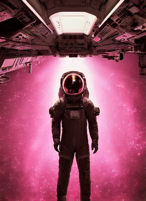 Image similar to complex poster art by craig mullins astronaut in futuristic pink and empty spaceship underwater. infrared glowing lights. complex and hyperdetailed technical suit. reflection and dispersion materials. rays and dispersion of light. volumetric light. 5 0 mm, f / 3 2. noise film photo. flash photography. unreal engine 4, octane render. interstellar movie poster