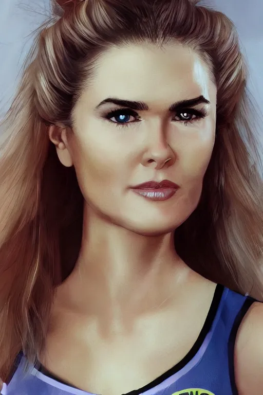 Image similar to mix of beautiful young maria shriver, mariel hemmingway, brooke shields, nicole kidman and elle macpherson as a zumba instructor, thin lips, hair tied up in a pony tail, dark blonde hair, colorful, artstation, cgsociety