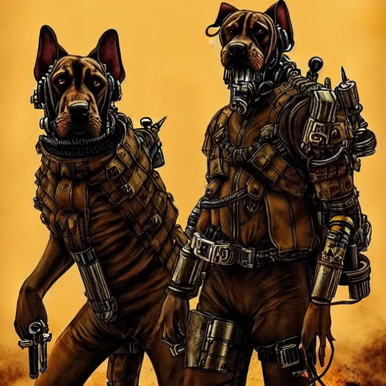 Image similar to a good ol'bloodhound pup fursona ( from the furry fandom ), heavily armed and armored facing down armageddon in a dark and gritty version from the makers of mad max : fury road. witness me.