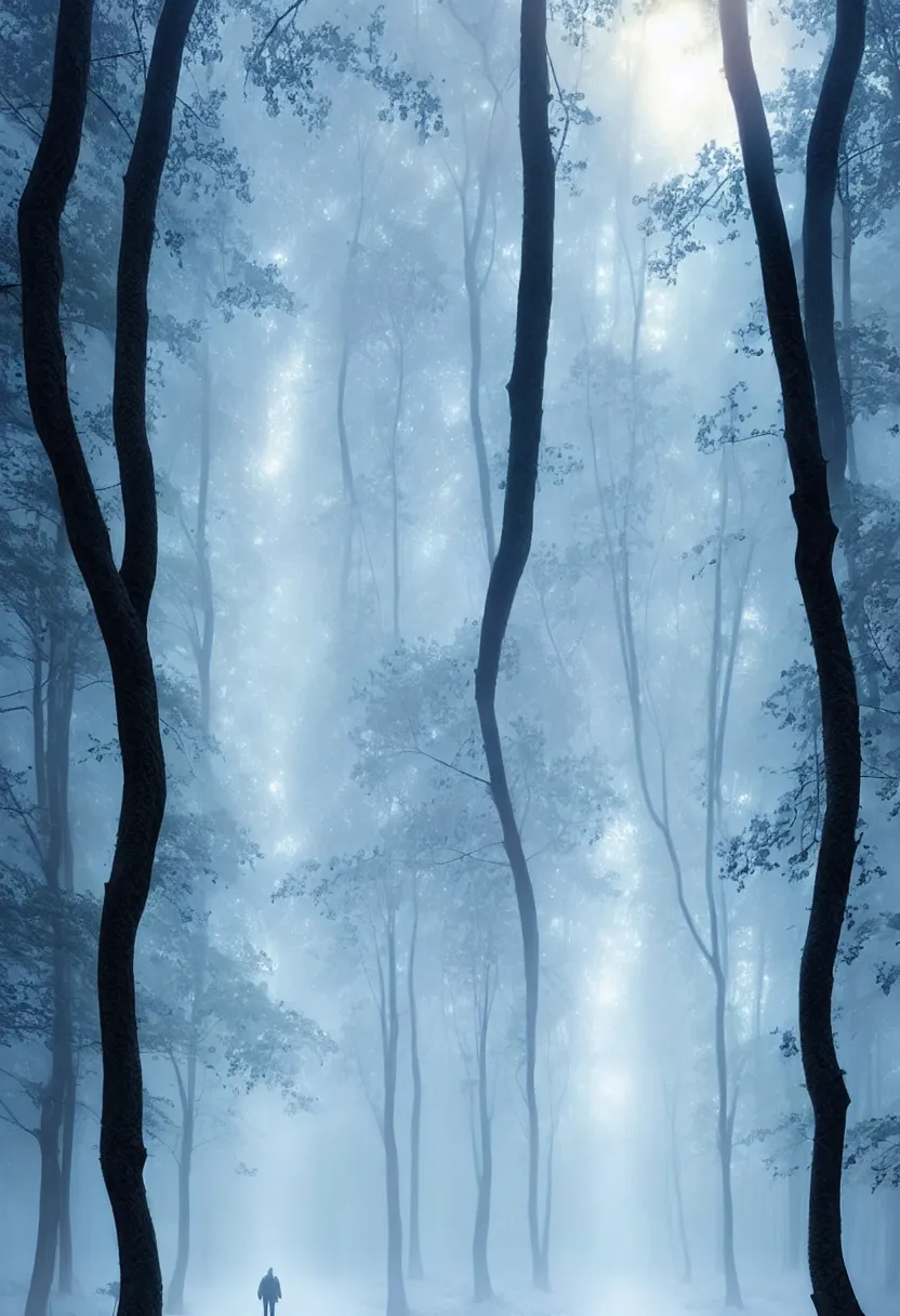 Image similar to backlit path in the middle of a frozen winter morning forest, treelined, fog, matte painting, mystical, ultra high definition, ultra detailed, matte painting, by greg rutkowski and ross tran and wlop