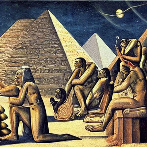 Image similar to ancient painting of otherworldly creatures building the great pyramid of giza,