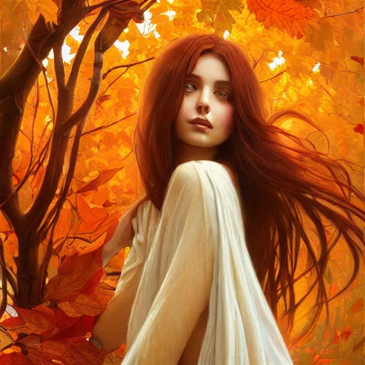 Prompt: girl with super long hair, hair becoming autumn red leaves, intricate, digital painting, artstation, concept art, smooth, illustration, art by artgerm and greg rutkowski and alphonse mucha