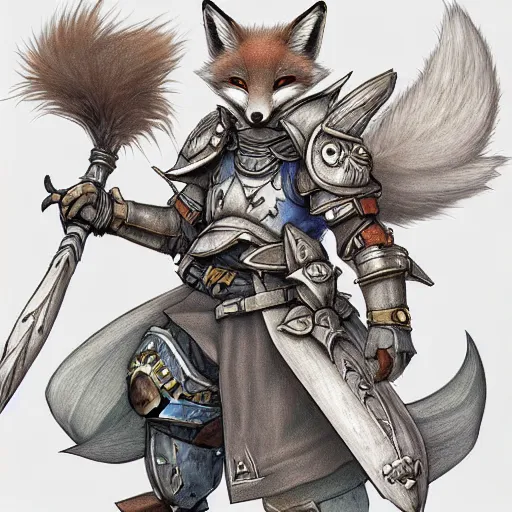 Prompt: heroic character design of anthropomorphic fox, whimsical fox, portrait, holy crusader, paladin, final fantasy tactics character design, character art, whimsical, vibrant, stunning, lighthearted, colorized pencil sketch, highly detailed, Akihiko Yoshida