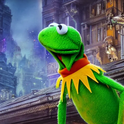 Image similar to Kermit the Frog if he were actually alive by P. Craig Russell and Barry Windsor-Smith, Sesame Street, 8k octane beautifully detailed render, post-processing, extremely hyperdetailed, intricate, epic composition, grim yet sparkling atmosphere, cinematic lighting + masterpiece