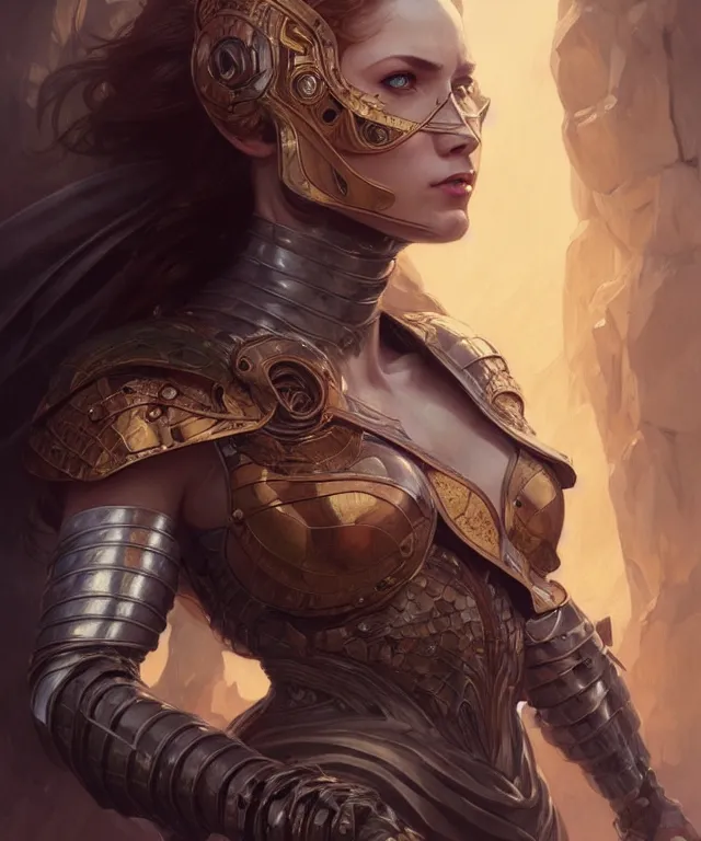 Image similar to Muscular and powerful medieval knight woman portrait full face, sci-fi, amber eyes, face, long hair, fantasy, intricate, elegant, highly detailed, digital painting, artstation, concept art, smooth, sharp focus, illustration, art by artgerm and greg rutkowski and alphonse mucha