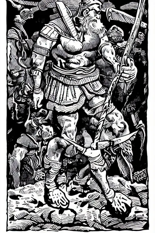 Prompt: ancient historically accurate depiction of the Bible Character Goliath of Gath, the Philistine warrior giant by mcbess