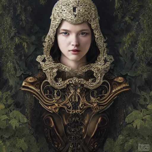 Image similar to A masterpiece ultrarealistic ultradetailed portrait of a Incredibly beautiful angel princess with Royal Tevton Knight Skull Full Iron Helmet mask. baroque renaissance girl in the night forest. medium shot, intricate, elegant, highly detailed. trending on artstation, digital art, by Stanley Artgerm Lau, WLOP, Rossdraws, James Jean, Andrei Riabovitchev, Marc Simonetti, Yoshitaka Amano. background by James Jean and Gustav Klimt, light by Julie Bell, 4k, porcelain skin.