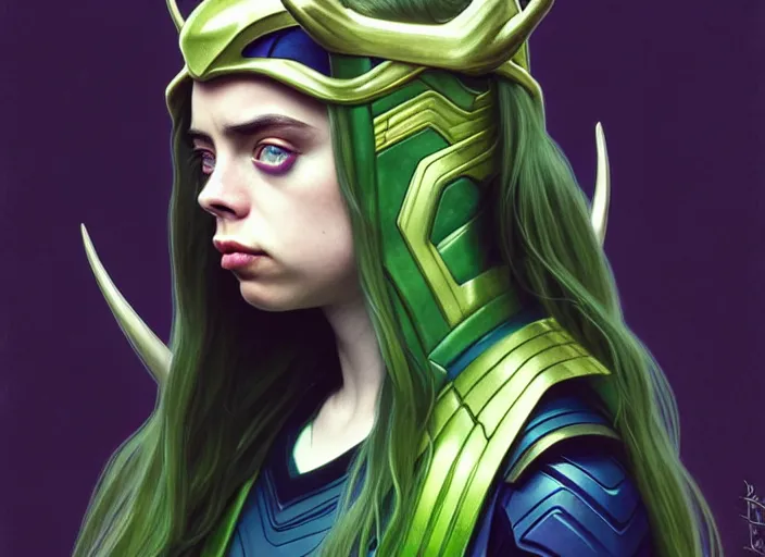 Image similar to Billie Eilish as Female Loki, very detailed, digital art, trending on artstation, concept art, smooth, illustration, art by artgerm and greg rutkowski and alphonse mucha and J. C. Leyendecker and Edmund Blair Leighton and Katsuhiro Otomo and Geof Darrow and Phil hale and Ashley wood