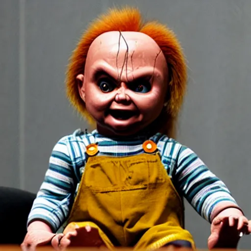 Image similar to chucky the killer doll testifying in court