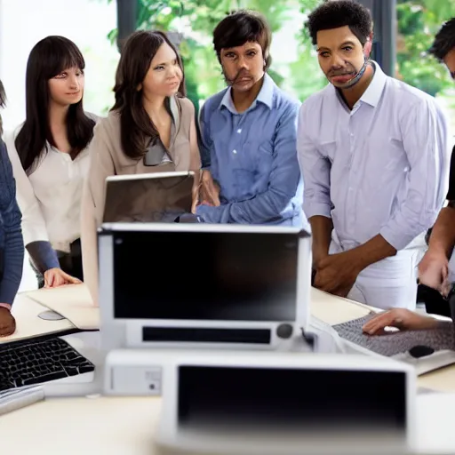 Prompt: group pf people standing around a computer judging my slightly questionable prompts