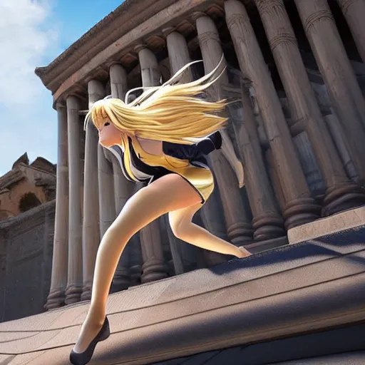 Image similar to blonde - haired princess, anime princess, wearing skinsuit, action pose, parkour, plaza, greco - roman pillars, golden hour, partly cloudy sky, sepia sun, strong lighting, strong shadows, vivid hues, ultra - realistic, sharp details, subsurface scattering, intricate details, hd anime, 2 0 1 9 anime