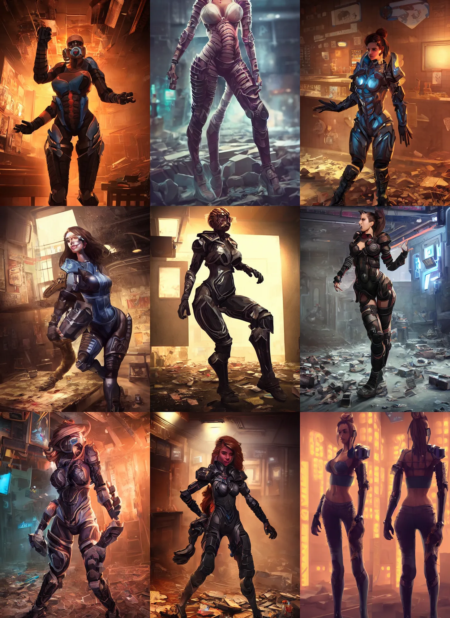 Prompt: hyper detailed ultra sharp full body character portrait of a woman with a realistically proportioned face wearing hextech armor doing an action pose standing in a destroyed dive bar, cinematic lighting, good value control, photorealistic eyes, smooth, realistic shading, enhance face, painted texture maps, substance painter, 3 d model
