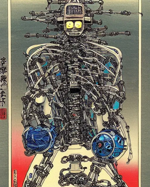 Image similar to Hiroshige portrait of a robot saint made of cables and robotic pod by Marc Silvestri