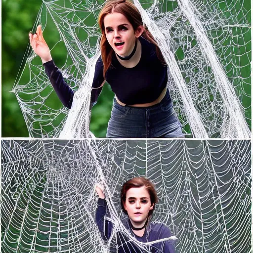 Prompt: emma watson hanging from and trapped in a giant spider web, pokemon