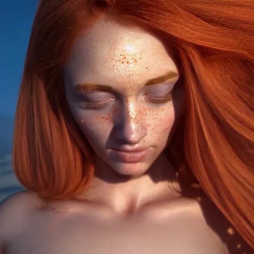Prompt: Render of a beautiful 3d marbles with long pink hair, hazel eyes, cute freckles, full round face, golden hour, serene beach setting, medium shot, mid-shot, hyperdetailed, trending on Artstation, Unreal Engine 4k