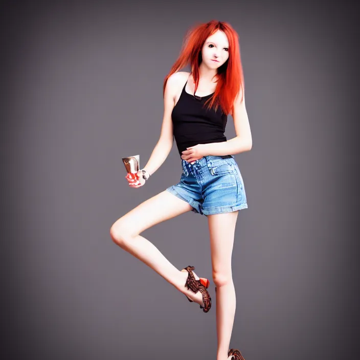 Image similar to full length photo of a real - life cute beautiful skinny young woman in hot pants, highly detailed, 8 k, hdr, smooth, sharp focus, high resolution, award - winning photo