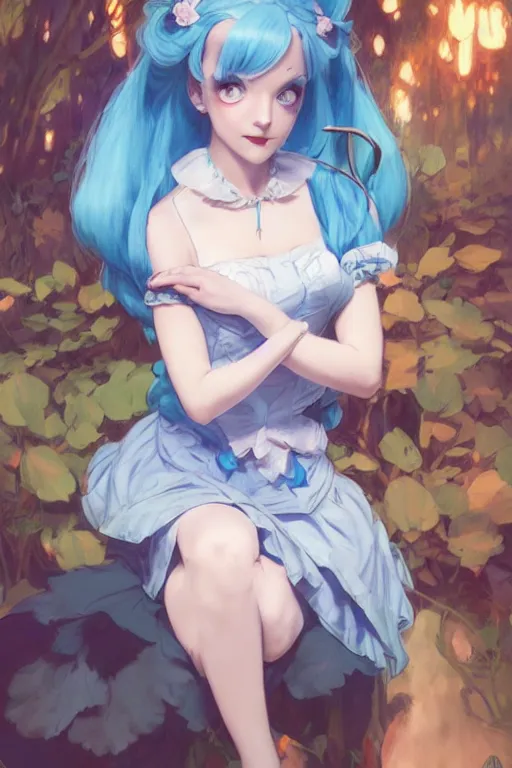 Prompt: pretty girl with blue hair, rem rezero dressed as alice in wonderland, digital painting, 8 k, concept art, art by wlop, artgerm, greg rutkowski and alphonse mucha