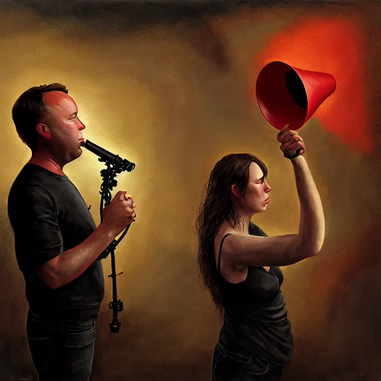 Image similar to epic professional digital art of alex jones holding a bullhorn, atmospheric lighting, painted, intricate, detailed, by leesha hannigan, wayne haag, reyna rochin, ignacio fernandez rios, mark ryden, iris van herpen.