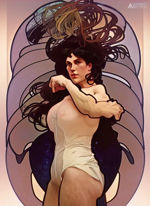 Image similar to digital concept art by artgerm and alphonse mucha. andre the giant!! full body!! contour light effect!! 8 k, black tape project show. stage light. octane render. sharp edge. ultra clear detailed