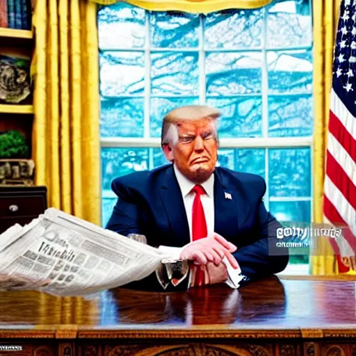 Image similar to Trump drinking whiskey in the Oval Office, newspaper picture, realistic, close-up, pulitzer-prized photo