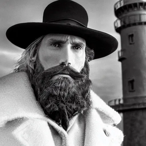 Prompt: Live Action Still of Jerma985 in a film as a Lighthouse Keeper with an overcoat, hat, and beard, black and white, hyperrealistic, ultra realistic, realistic, highly detailed, epic, HD quality, 8k resolution, body and headshot, film still