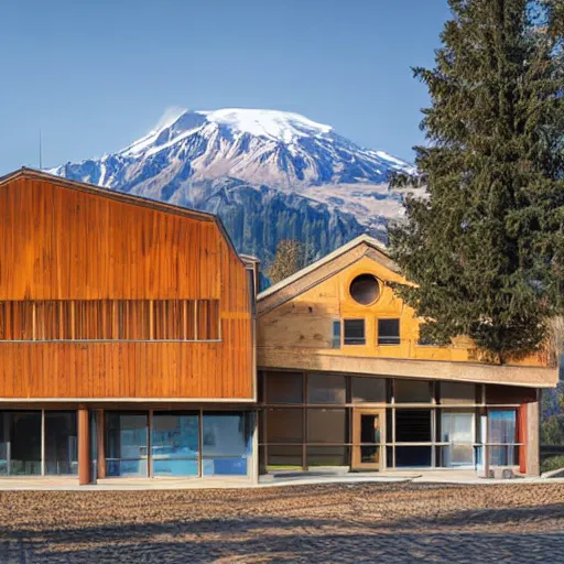 Image similar to architecture photo modern fachwerk wooden school with Elbrus mountain on the background, architecture, photorealism 8k , shining and happy atmosphere, uplight, high details