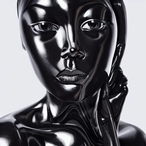 Prompt: beautiful female black statue wearing bulbous distorted assymetrical comme de garcon jacket in the style of rei kawakubo, the model is a black glossy marble statue, vogue, fashion, runway, collection, beautifully lit, glossy, hd, 4 k, 8 k, extremely clear focus, sharp, award winning fashion photograph