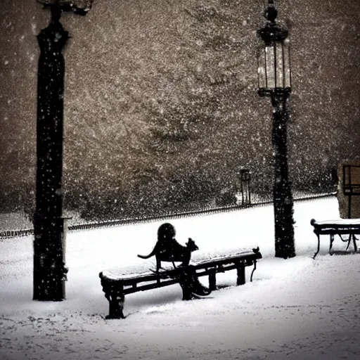 Image similar to a park bench under falling snowflakes, trending on artstation