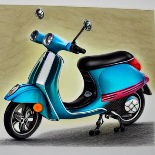 Prompt: hyper realistic pencil drawing of a turquoise vespa moped, water color, detailed, rim light, diffused, intricate, by thomas kinkade,