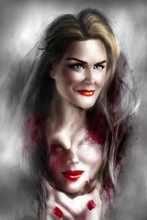 Image similar to mix of beautiful young maria shriver, mariel hemmingway, brooke shields, nicole kidman and elle macpherson as a vampire showing vampire teeth, ready to bite, thin lips, hair tied up in a pony tail, dark blonde hair, colorful, deviantart, artstation, cgsociety